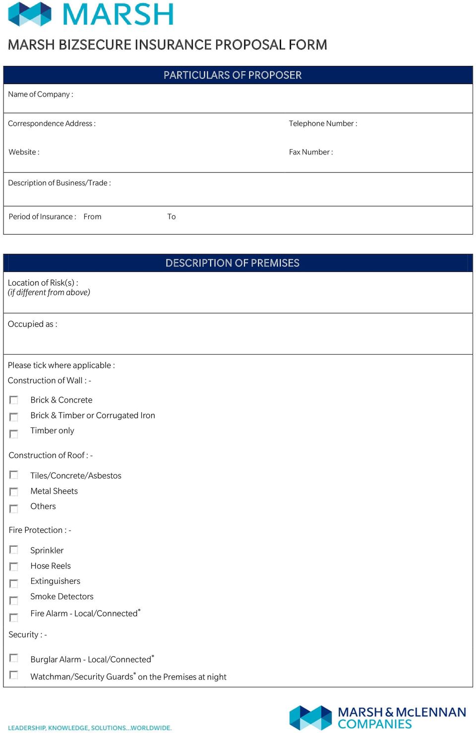MARSH BIZSECURE INSURANCE PROPOSAL FORM - PDF Free Download Within Insurance Proposal Template