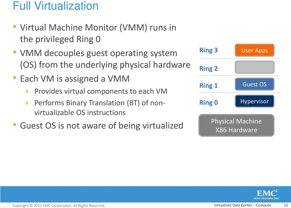 Performs Binary Translation (BT) of nonvirtualizable OS instructions Guest OS is not aware of being virtualized