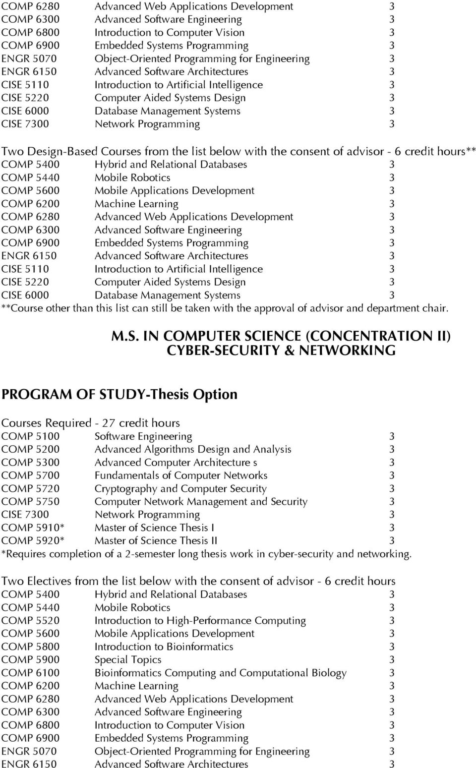 IN COMPUTER SCIENCE (CONCENTRATION II) CYBER-SECURITY & NETWORKING PROGRAM OF STUDY-Thesis Option Courses Required - 27 credit hours COMP 5910*