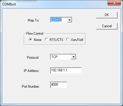 4. When the COMInst window opens select COM port # to map the MODBUS gateway to. The Flow Control, Protocol, IP Address, and Port Number will mirror the settings of the selected MODBUS gateway.