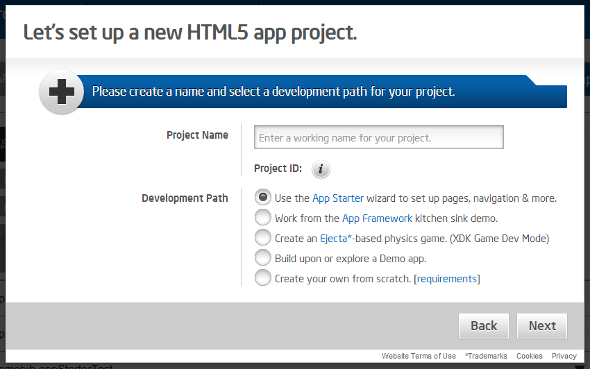 Here you can create starter apps based on Intel s App Framework, Ejecta* based games using App Game Interfaces (uses the Game Dev Mode of the Intel XDK), sample HTML5 demo apps, or you can start with