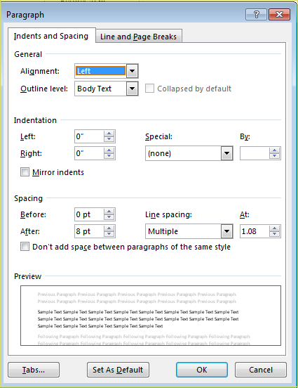 Figure 14. Changing the Paragraph attributes with the Paragraph menu.