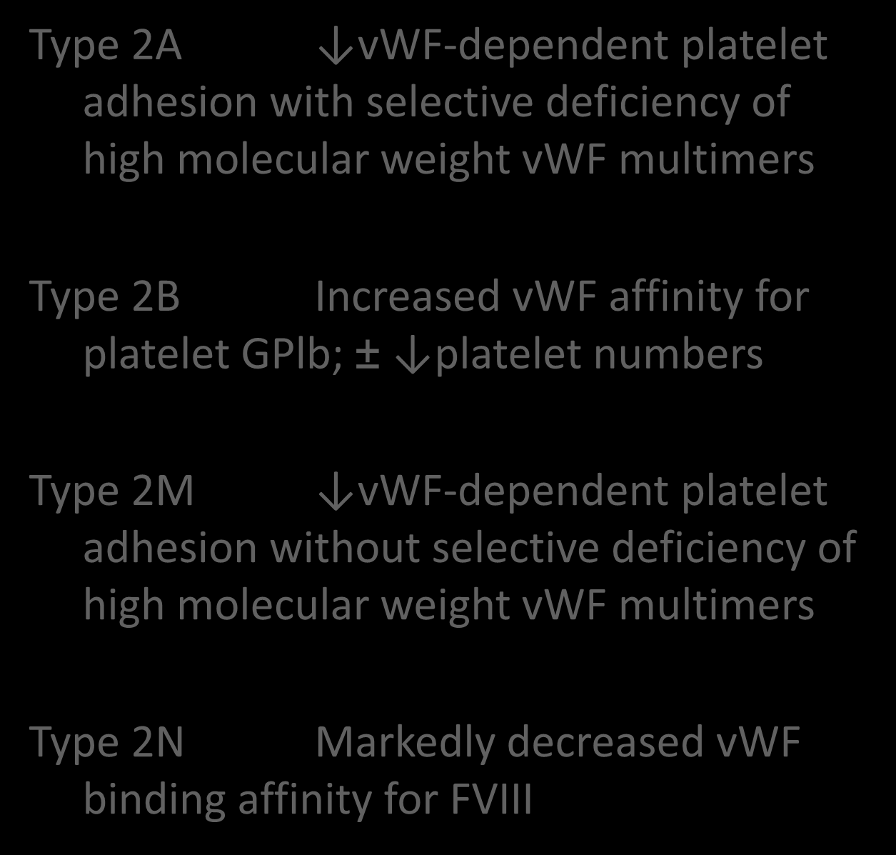 vwd Classification Type 2A vwf-dependent platelet adhesion with selective deficiency of high molecular weight vwf multimers Type 2B Increased vwf affinity for platelet GPlb; ±