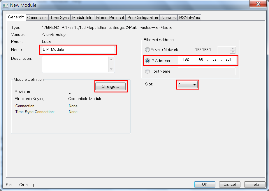 3. In the New Module screen, enter a name and the IP address; then, click Change in the Module Definition area. 4.