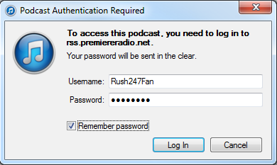 When prompted within itunes, enter your Rush 24/7 username and password. Be sure to checkmark Remember password.