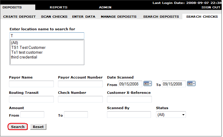 You can specify the Routing Transit Number of the check. Note that the application will automatically attempt to validate the routing number even before you select Search.