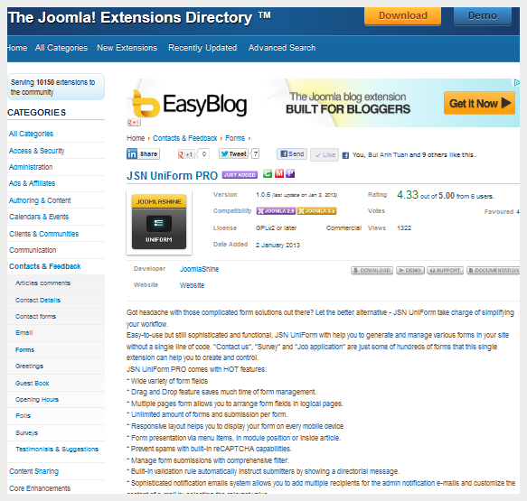 JSN UniForm is listed on JED If you use JSN UniForm, please post a rating and a review at the Joomla! Extensions Directory. Steps to vote for an extension on JED 1. Log in your account on JED.