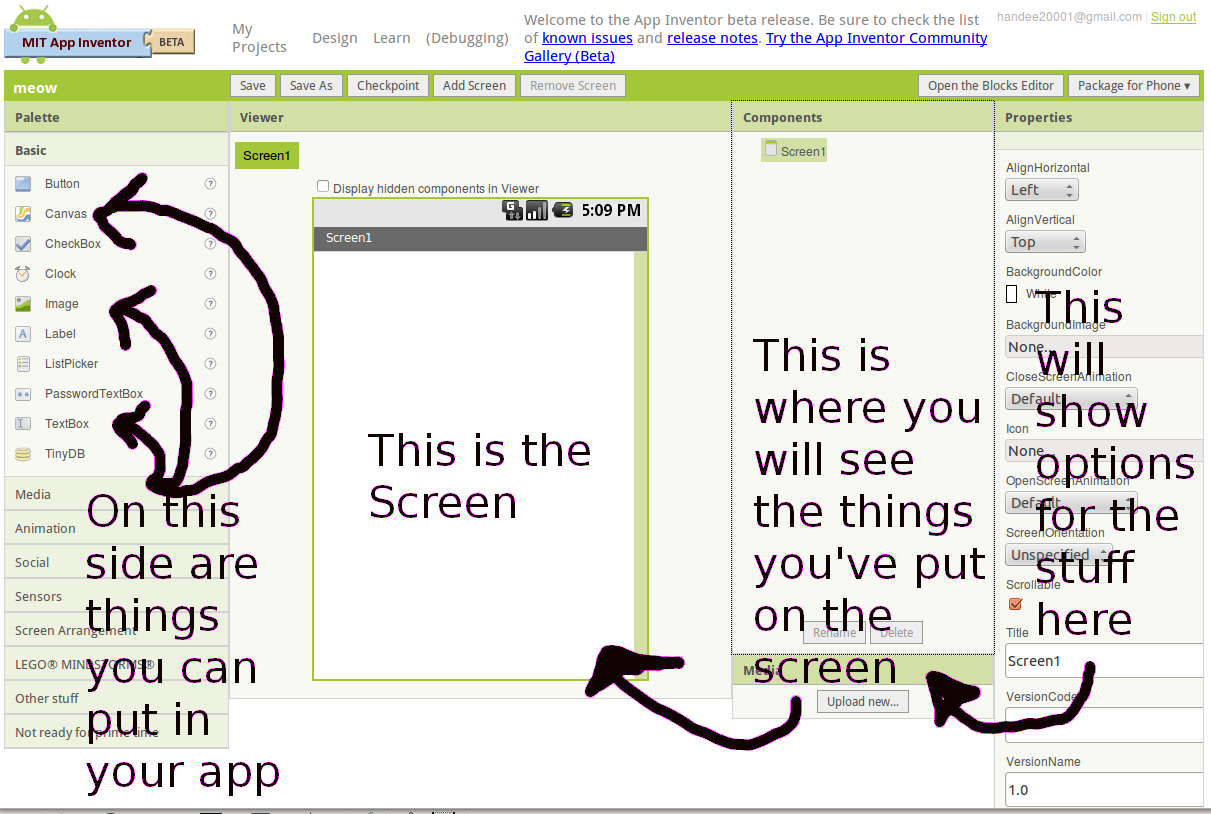 A step-by-step guide to making a simple app 1 1. Go to http://appinventor.mit.edu/ 2. Click New on the left side, near the top of the page. 3.