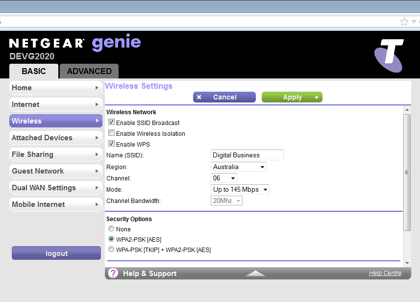 Figure 5: Genie Welcome Page Click on Wireless in the left hand menu to view and modify the WiFi credentials (Figure 5).