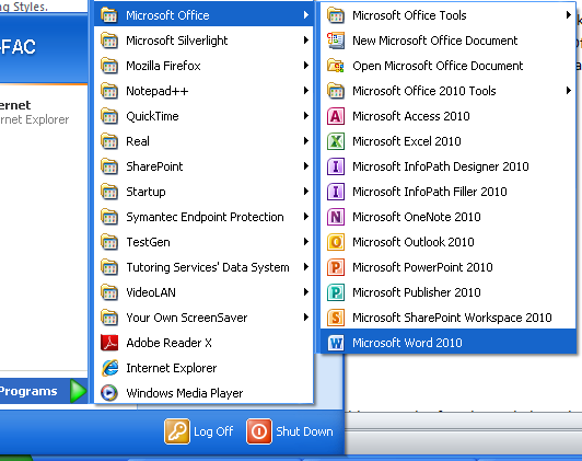 Instructions for Formatting MLA Style Papers in Microsoft Word 2010 To begin a Microsoft Word 2010 project, click on the Start bar in the lower left corner of the screen.
