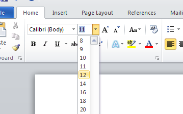1) On the Home ribbon, in the Font box, click on the font drop-down menu (the small arrow next to the word Calibri ) to show available fonts.