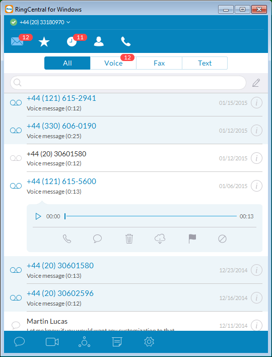 RingCentral for Desktop View or listen to a message View or listen to a message The Messages screen lists all of your messages in one place so you can prioritise the ones you want to open first.