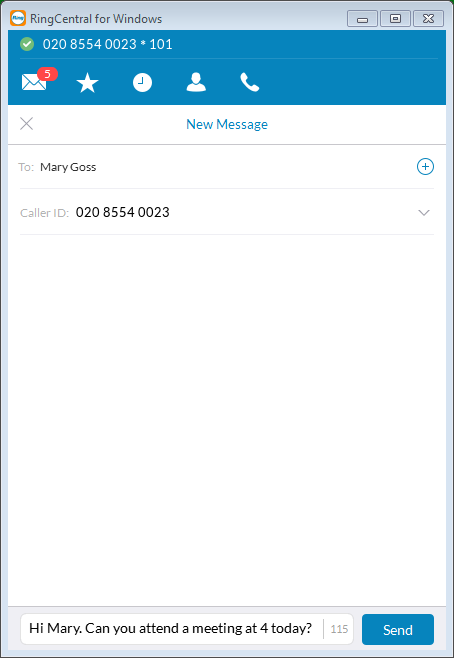 RingCentral for Desktop Send or receive a message Send or receive a message RingCentral for Desktop lets you send a message to anyone within an account.