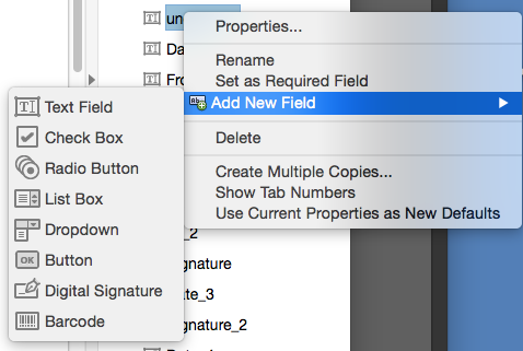 10. CREATING A FORM (Continued) To add a new field, right click in the fields menu on the right and click Add New Fields (Fig. 31). Then select the type of field you want to create.