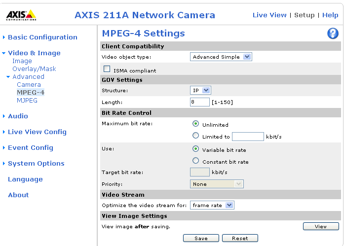 24 AXIS 210A/211A - Video & Image settings MPEG-4 Settings Tools for adjusting the MPEG-4 settings and for controlling the video bit rate.