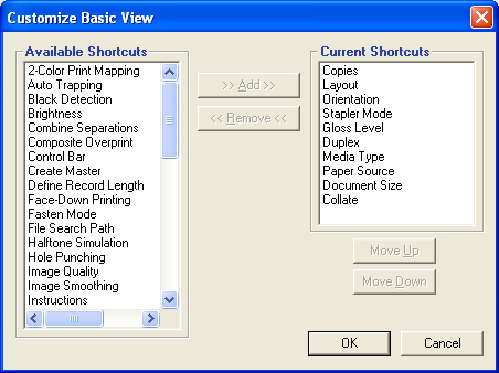 PRINTING 47 4 Click the Basic icon and then click Customize. The Customize Basic View dialog box is displayed. The dialog box contains the shortcuts for print options.