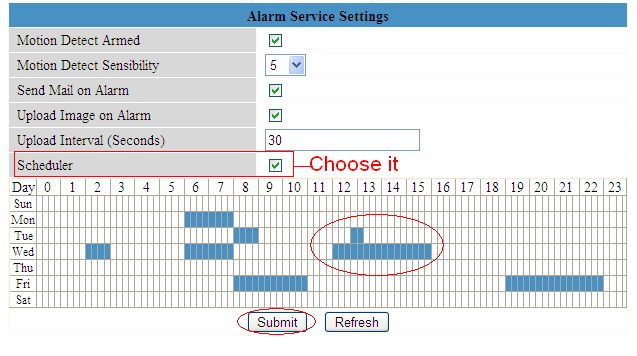Settings first. (Figure 3.20/3.21) Then set motion alarm as below picture. Figure 3.27 There are two ways to alarm. 1) Alarm at any time when motion trigger. Don t choose Scheduler.