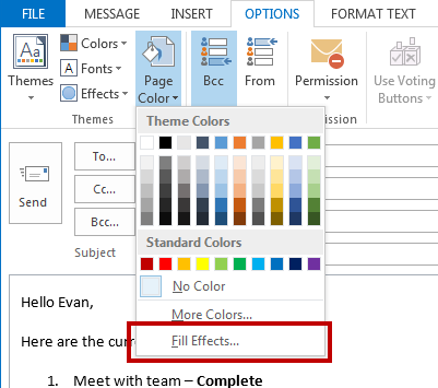 2. A dropdown will appear with several Theme Colors and Standard Colors to choose from. Click on a color to select it as your background. Figure 16 - Color Options 3.