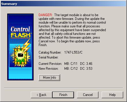 10 SLC 5/05 Processors Firmware/Operating System ControlFLASH Upgrade The Summary dialog box appears. 14. Click Finish.