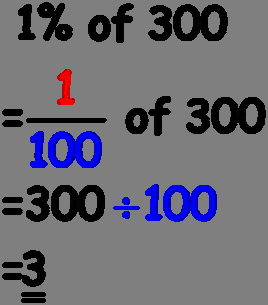 Percentages: without a Calculator 1% =, so to find 1% we divide by 100. Example 1 Find 1% of 300 1 Final Answer: 3 We can use 1% to help us find other percentages.