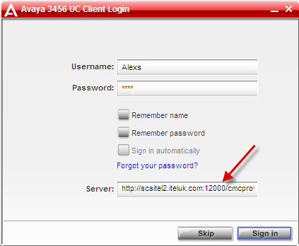 Configuring the Avaya 3455 UC Client 2. As the soft client loads it will search for a server connection. You will have to supply the credentials it needs in order to make the connection. 3. When the server login screen appears, enter the username for the account holder as it appears in their user profile on the SCS, followed by their login PIN.