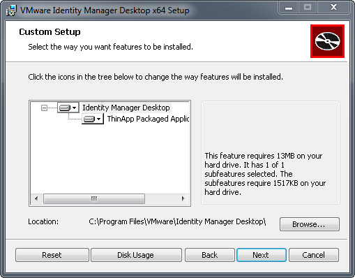 Chapter 3 Using VMware Identity Manager Desktop a b To check whether you have enough disk space to install the application and the selected features, click Disk Usage.