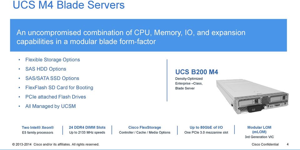 All Managed by UCSM Two Intel Xeon E5 family processors 24 DDR4 DIMM Slots Up to 2133 MHz speeds Cisco FlexStorage Controller / Cache / Media Options Up to