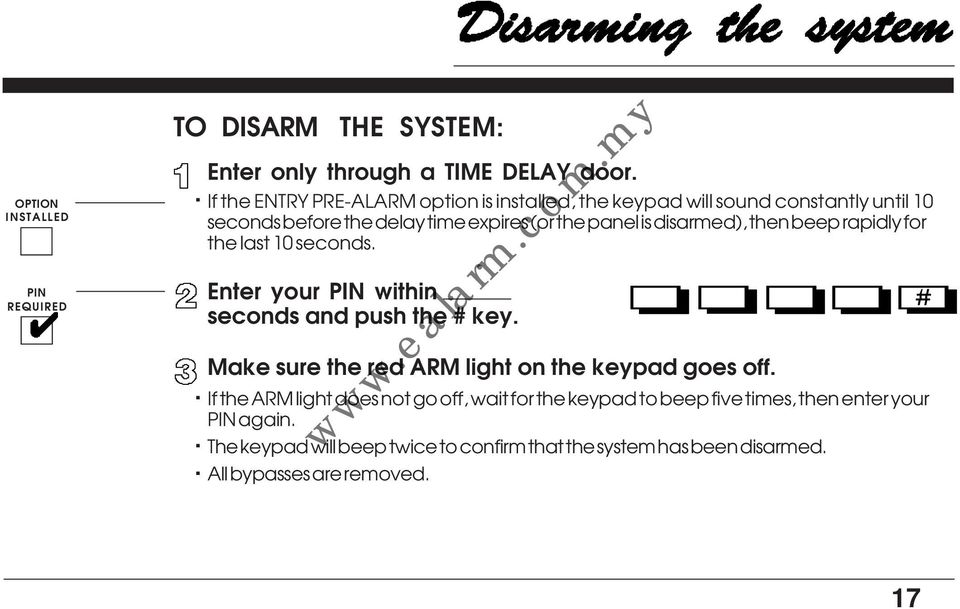 your PIN within seconds and push the # key Make sure the red ARM light on the keypad goes off If the ARM light does not go off, wait for the