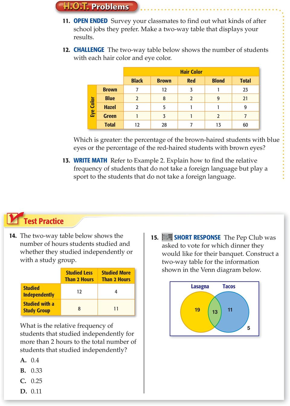 Two Way Tables Lesson 16 Main Idea New Vocabulary Two Way Table Relative Frequency Pdf Free Download