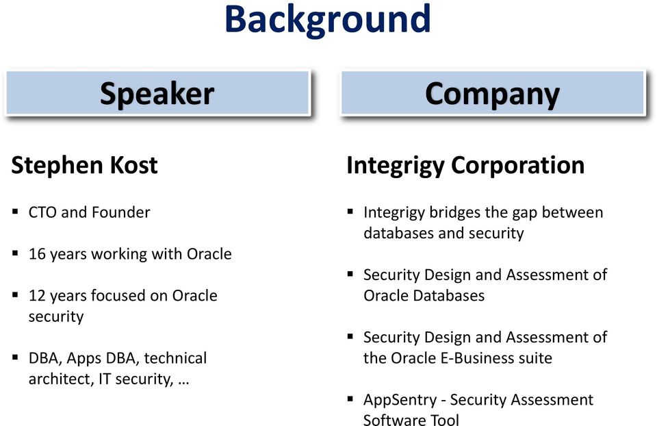 Integrigy bridges the gap between databases and security Security Design and Assessment of Oracle