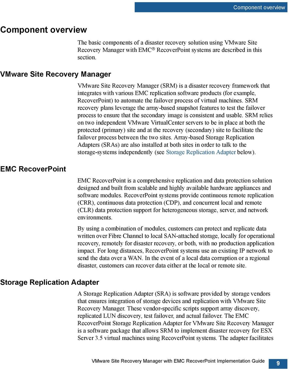VMware Site Recovery Manager (SRM) is a disaster recovery framework that integrates with various EMC replication software products (for example, RecoverPoint) to automate the failover process of