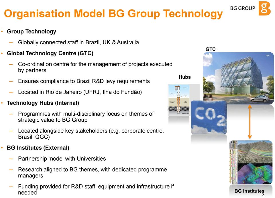 Programmes with multi-disciplinary focus on themes of strategic value to BG Group Located alongside key stakeholders (e.g. corporate centre, Brasil, QGC) BG Institutes (External)