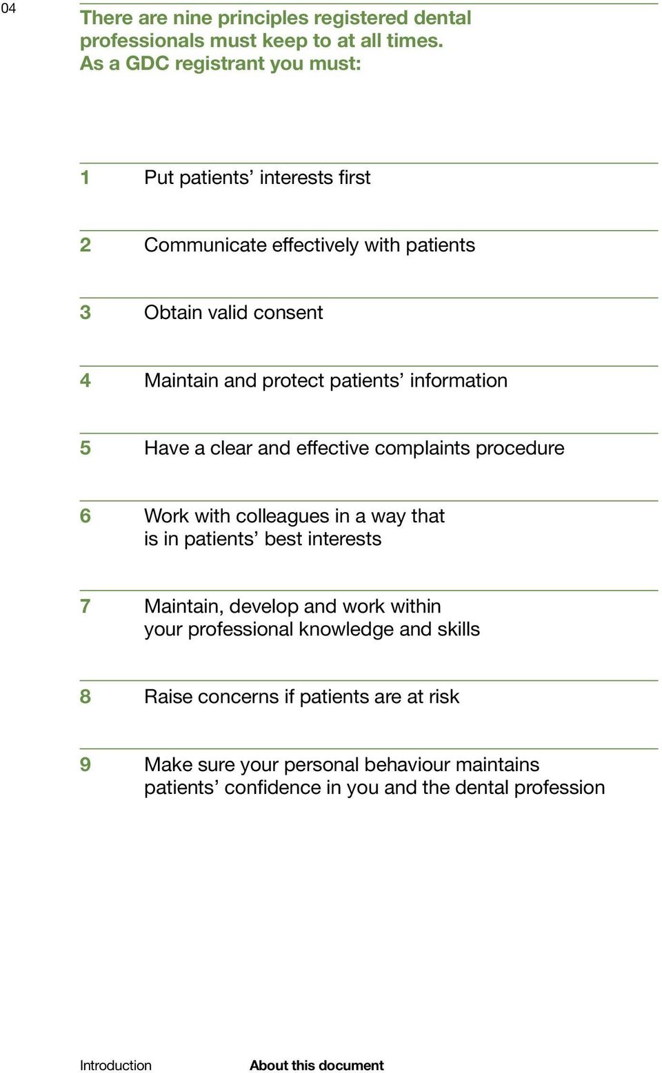 patients information 5 Have a clear and effective complaints procedure 6 Work with colleagues in a way that is in patients best interests 7 Maintain,