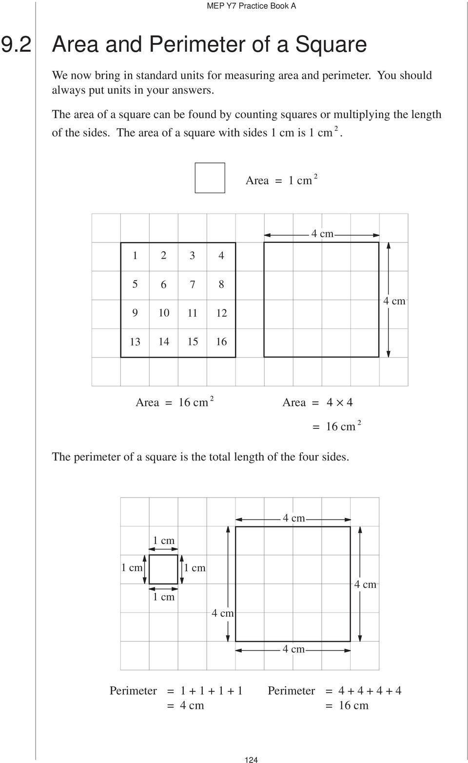 The area of a square can be found by counting squares or multiplying the length of the sides.