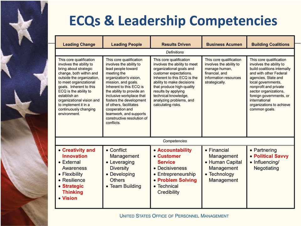 Inherent to this ECQ is the ability to establish an organizational vision and to implement it in a continuously changing environment.