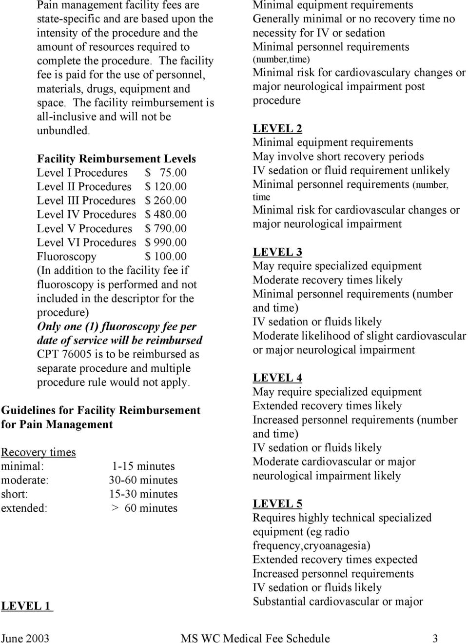 Facility Reimbursement Levels Level I Procedures $ 75.00 Level II Procedures $ 120.00 Level III Procedures $ 260.00 Level IV Procedures $ 480.00 Level V Procedures $ 790.00 Level VI Procedures $ 990.