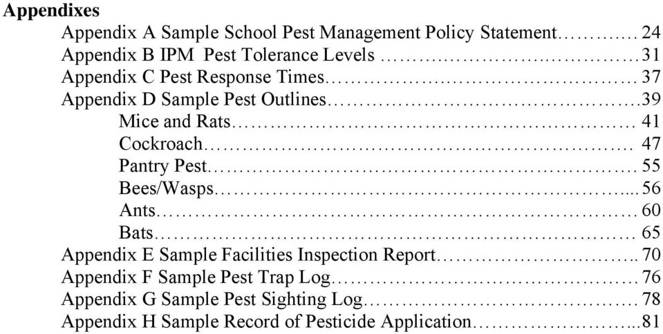 47 Pantry Pest. 55 Bees/Wasps... 56 Ants 60 Bats 65 Appendix E Sample Facilities Inspection Report.