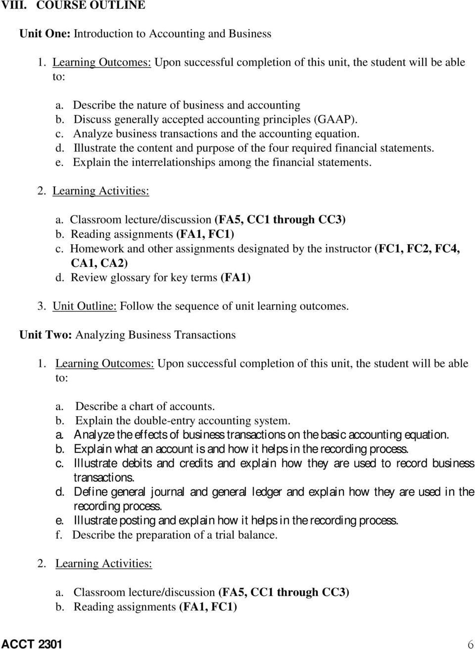 Unit Two: Analyzing Business Transactions a. Describe a chart of accounts. b. Explain the double-entry accounting system. a. Analyze the effects of business transactions on the basic accounting equation.