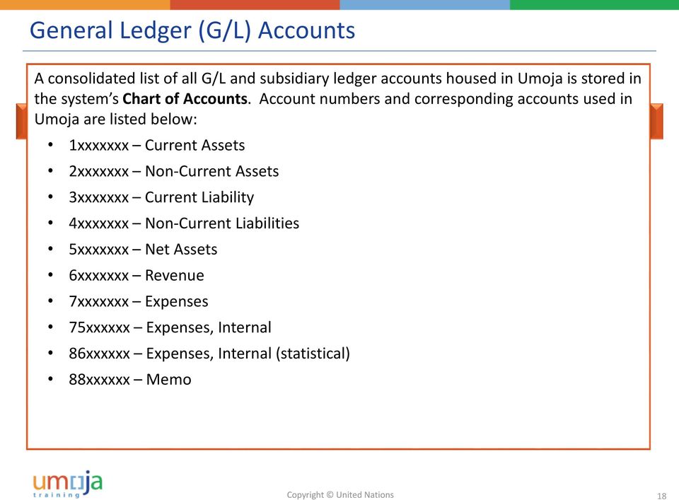 Account numbers and corresponding accounts used in Umoja are listed below: 1xxxxxxx Current Assets 2xxxxxxx Non-Current