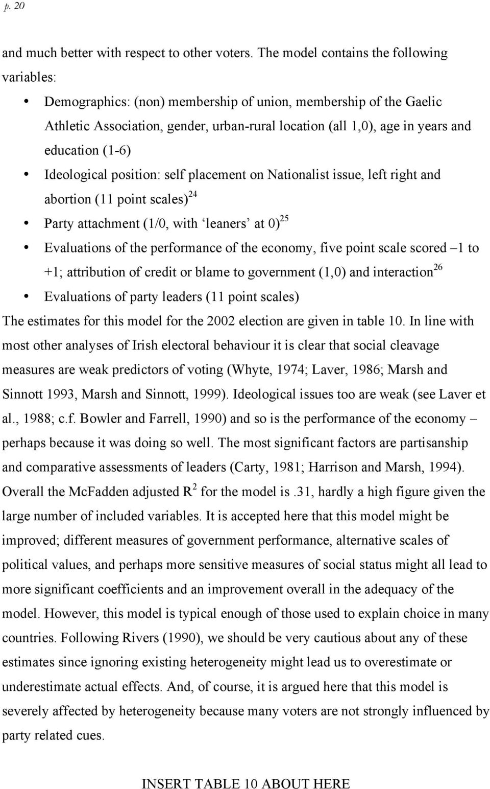 (1-6) Ideological position: self placement on Nationalist issue, left right and abortion (11 point scales) 24 Party attachment (1/0, with leaners at 0) 25 Evaluations of the performance of the