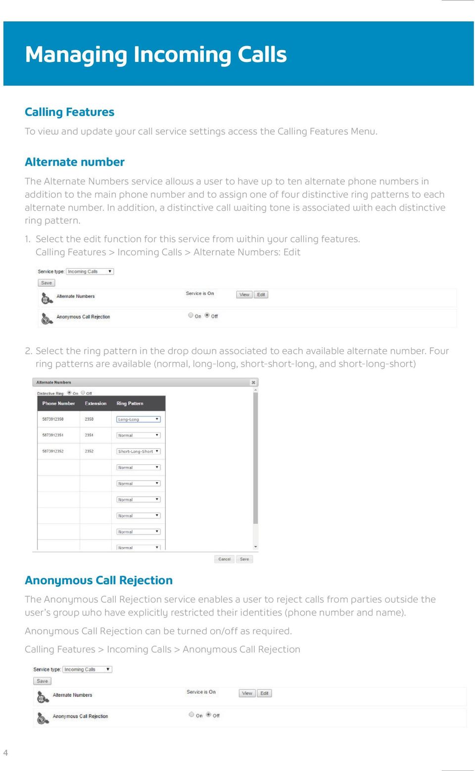 alternate number. In addition, a distinctive call waiting tone is associated with each distinctive ring pattern. 1. Select the edit function for this service from within your calling features.