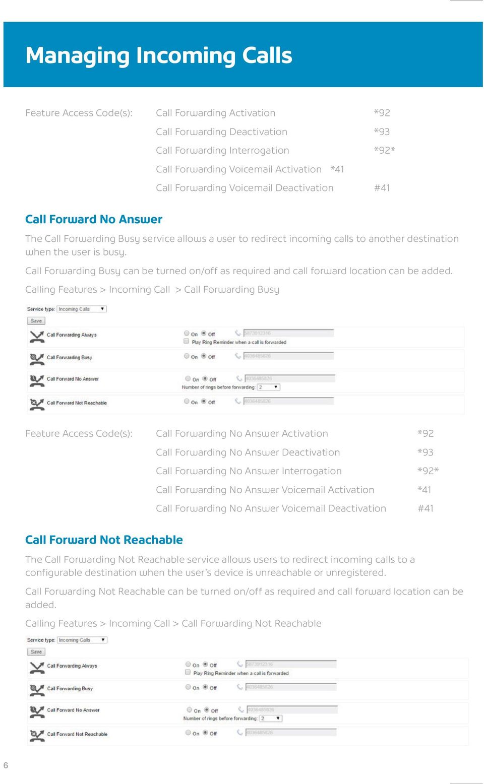 Call Forwarding Busy can be turned on/off as required and call forward location can be added.