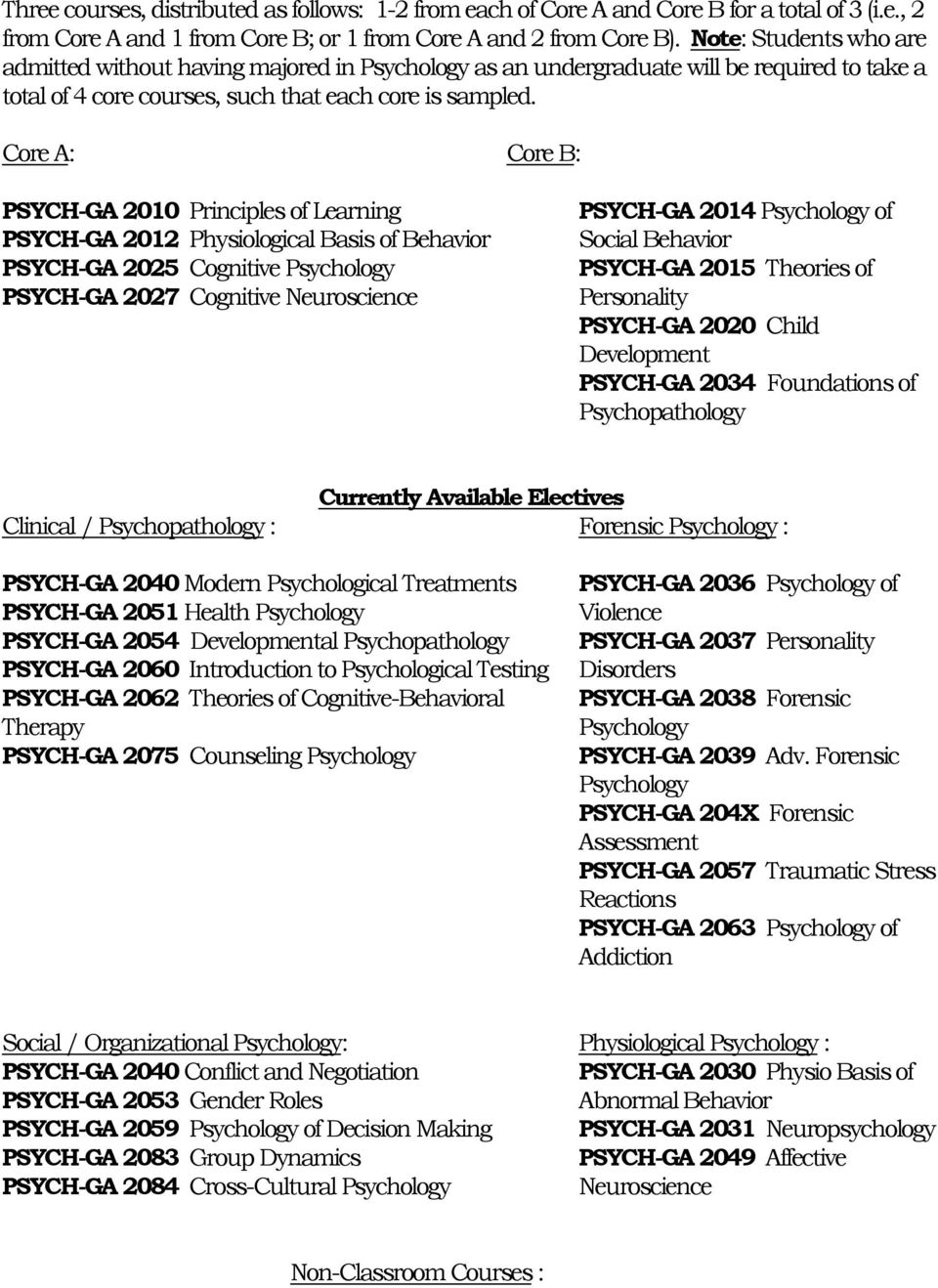 Core A: Core B: PSYCH-GA 2010 Principles of Learning PSYCH-GA 2012 Physiological Basis of Behavior PSYCH-GA 2025 Cognitive Psychology PSYCH-GA 2027 Cognitive Neuroscience PSYCH-GA 2014 Psychology of