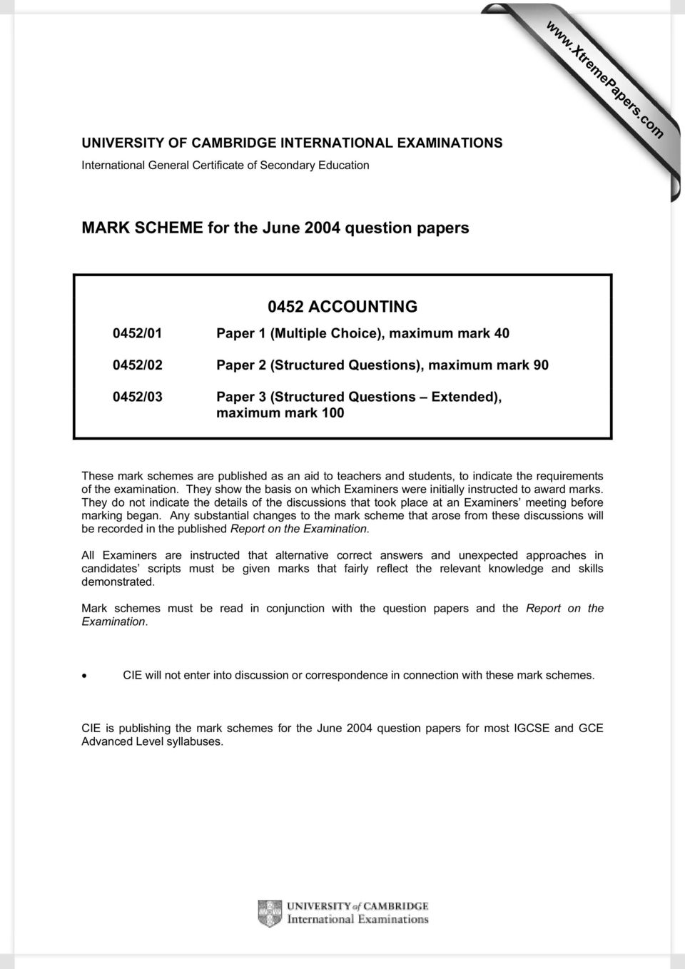 Choice), maximum mark 40 0452/02 Paper 2 (Structured Questions), maximum mark 90 0452/03 Paper 3 (Structured Questions Extended), maximum mark 100 These mark schemes are published as an aid to
