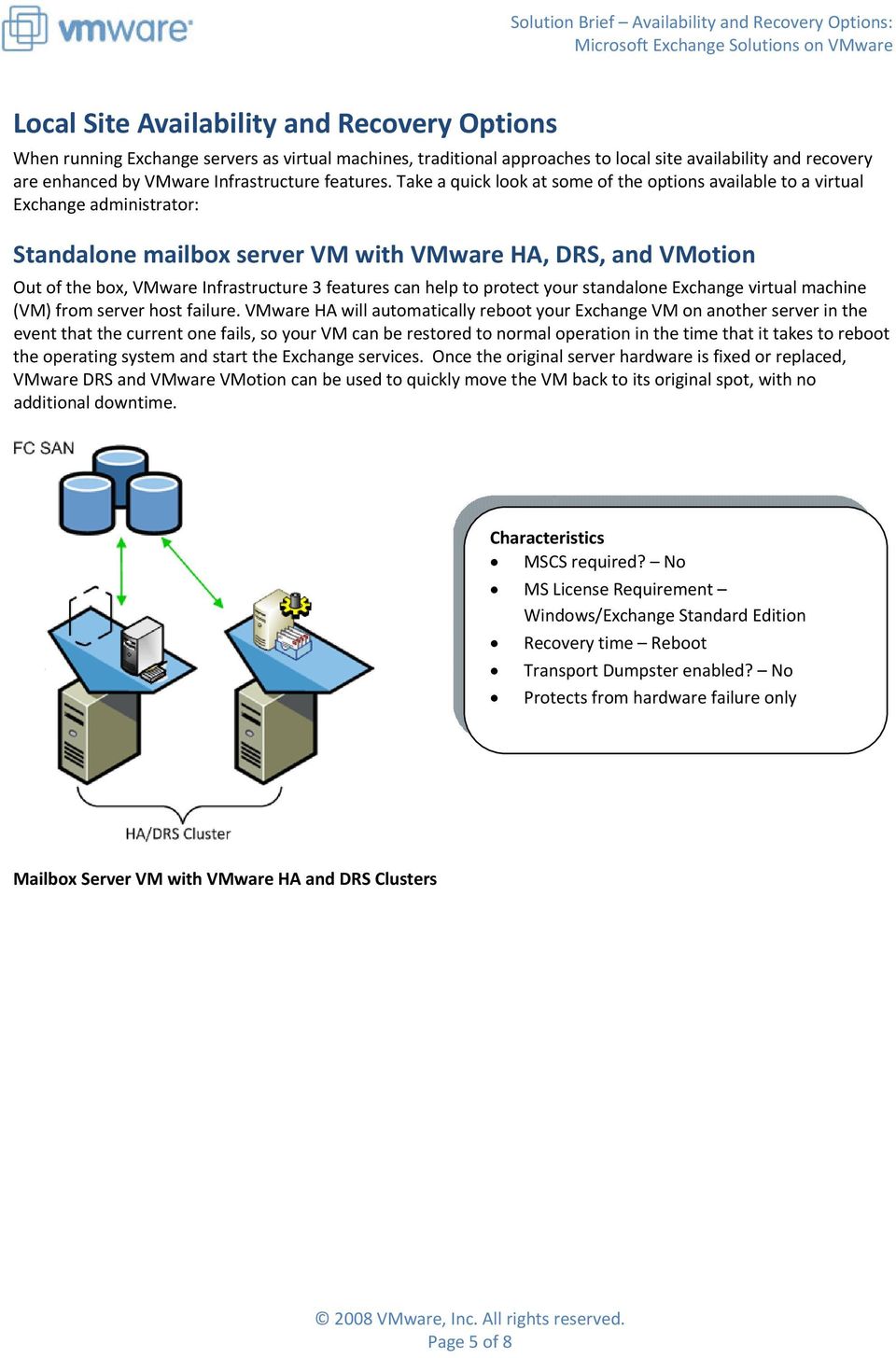 Take a quick look at some of the options available to a virtual Exchange administrator: Standalone mailbox server VM with VMware HA, DRS, and VMotion Out of the box, VMware Infrastructure 3 features