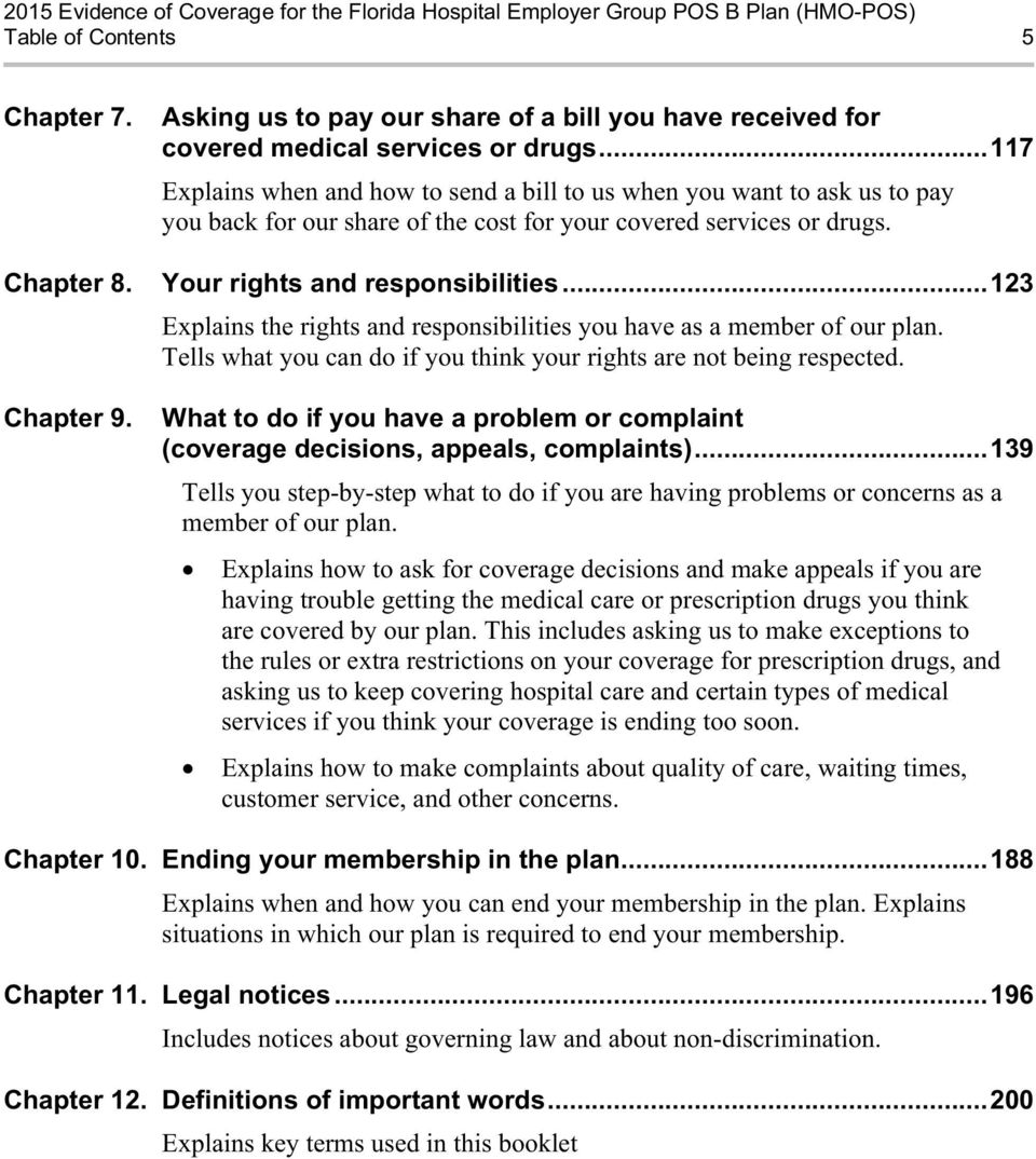 ..123 Explains the rights and responsibilities you have as a member of our plan. Tells what you can do if you think your rights are not being respected. Chapter 9.