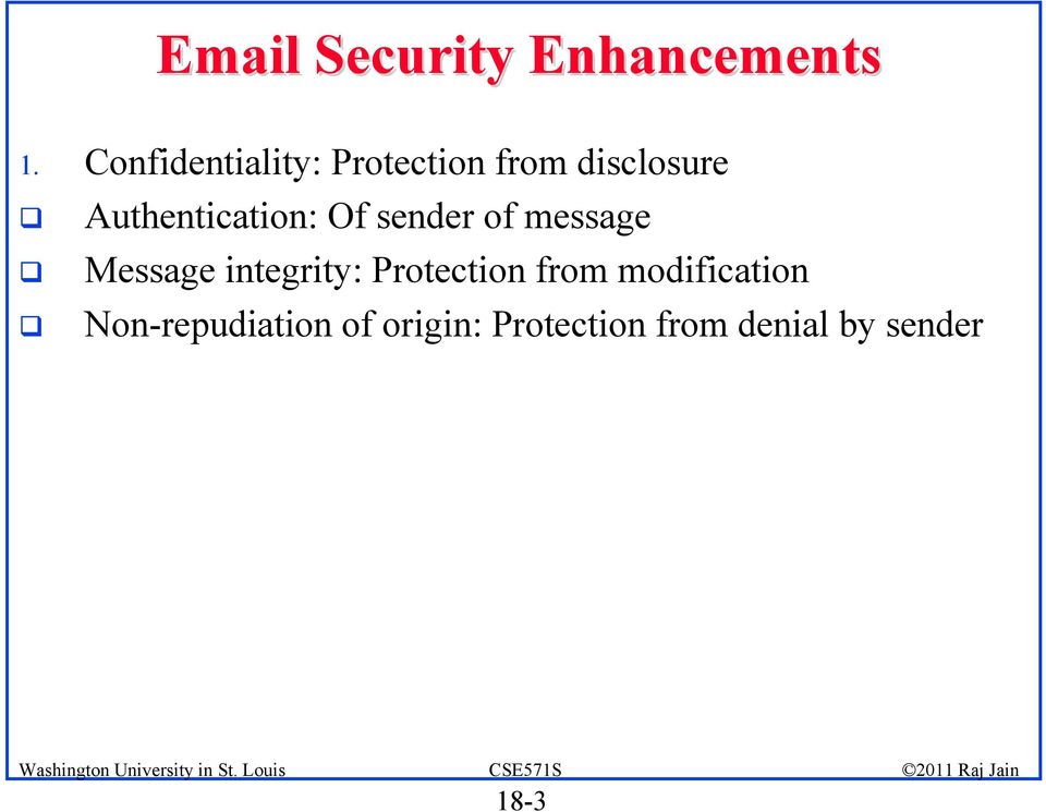 Authentication: Of sender of message Message integrity: