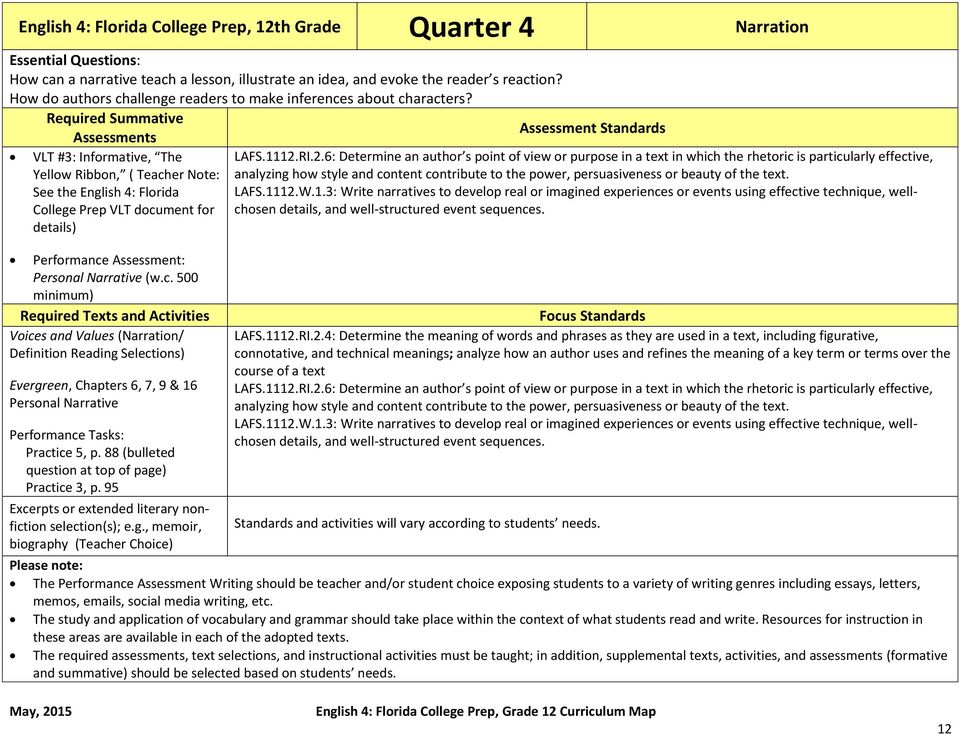 Required Summative Assessment Standards Assessments VLT #3: Informative, The Yellow Ribbon, ( Teacher Note: See the English 4: Florida College Prep VLT document for details) Performance Assessment: