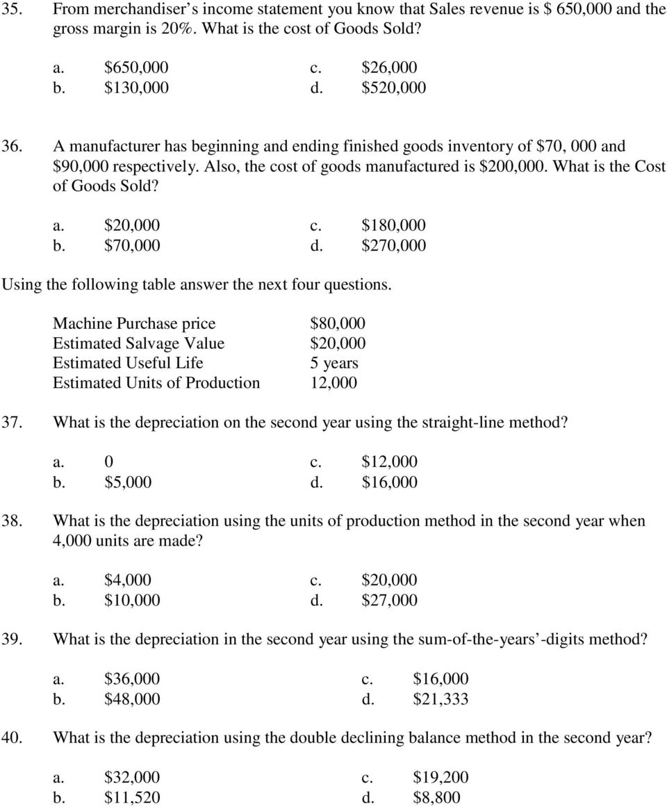 $180,000 b. $70,000 d. $270,000 Using the following table answer the next four questions.
