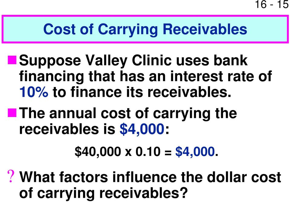 The annual cost of carrying the receivables is $4,000: $40,000 x 0.